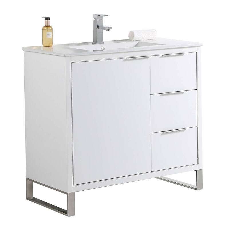 Fine Fixtures Opulence Collection Bathroom Vanity with White Ceramic Sink - 36 Inch - White Matte - Chrome Hardware