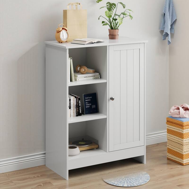 White Freestanding Storage Cabinet – Bathroom & Kitchen Organizer with 1 Cabinet, 3 Open Shelves & Adjustable Compartments‌