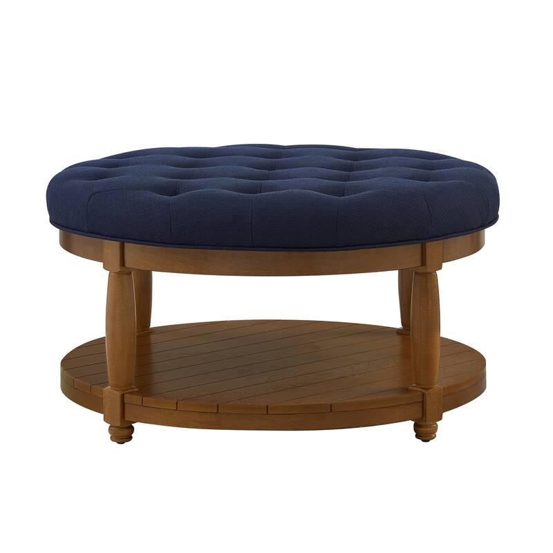 Large Round Tufted Linen Ottoman Coffee Table with Wood Shelf Storage - Navy Blue Hue