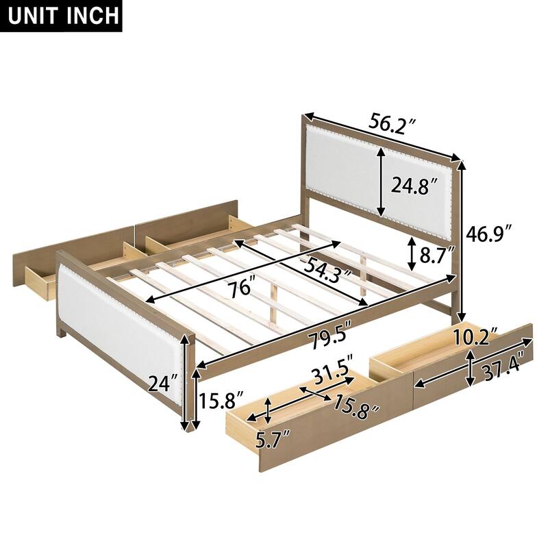 Elegant Design Full Size Platform Bed, Natural Wooden+Beige Fabric