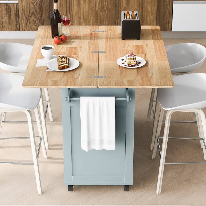Space-Saving Kitchen Island with Foldable Countertop, Rolling Cart on Wheels, Towel Rack, Drawer & Slide-Out Shelf