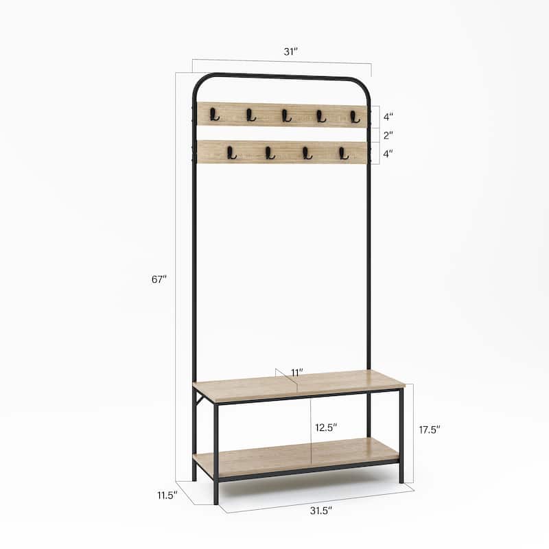 Lotus Home Oak Color Hall Tree 32" Wide with Bench and Shoe Storage - 31.5*11.5*67 inches - 31.5*11.5*67 inches - Oak