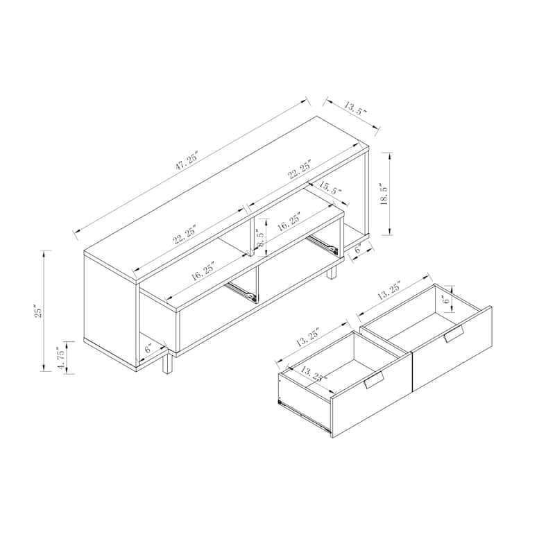 TV Stand with Two Shelves and Two Drawers in White - 25"H x 47.25"W x 13.5"D