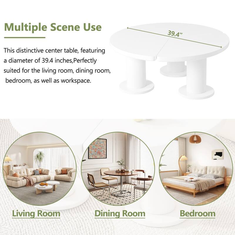 Modern Round Petal Shape Coffee Table Irregular Side Table with 3 Thick Legs Smooth Round Edges, for Living Room, White