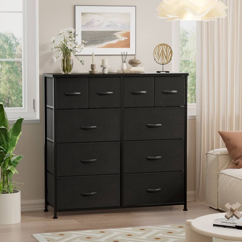 Furniwell 10 Drawer Fabric Dresser Chest of Drawer Cabinet, Black