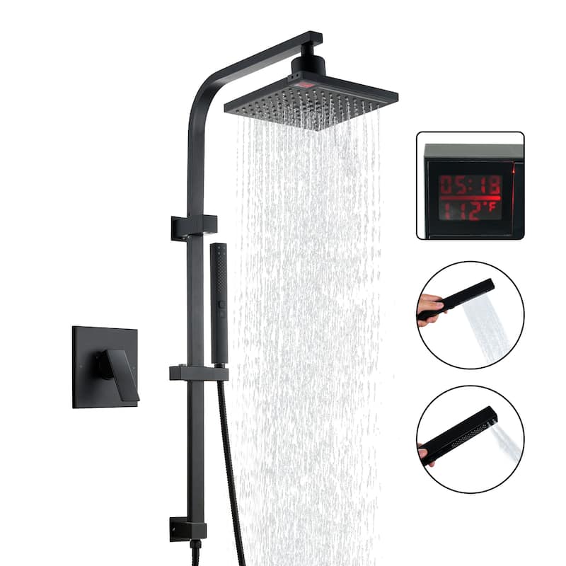 5-Spray Wall Mount Dual Fixed and Handheld Shower Head with Slide Bar, Infrared Sensing, and LED Display in Matte Black