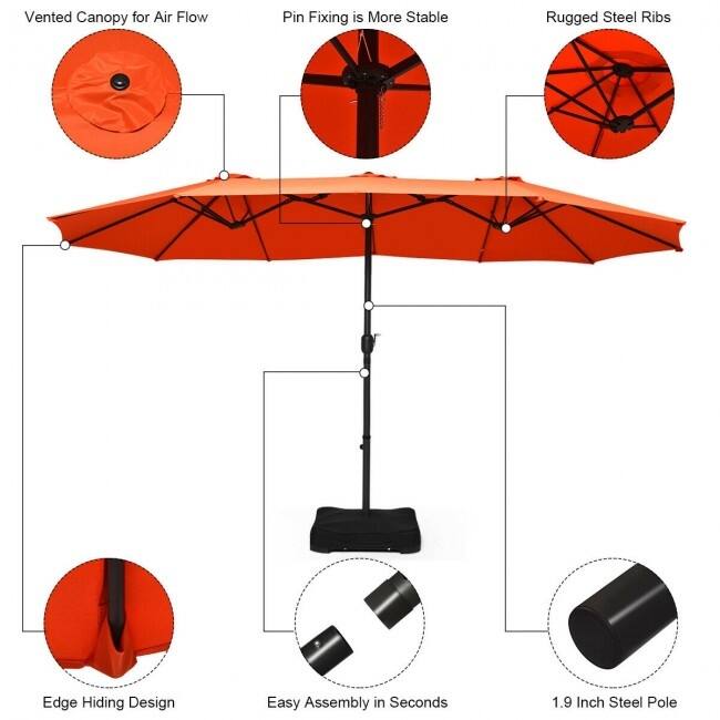 15 Foot Extra Large Patio Double Sided Umbrella with Crank and Base - 15' x 8' (W x H)