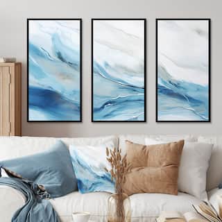 Designart "White And Blue Glacier Charm Liquid Art I" Abstract Shapes Framed Art Set of 3 Modern Wall Art Set 3 Pieces
