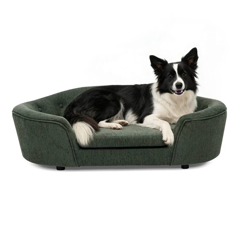Oval Semi-Enclosed Dog Sofa, Durable Linen Material, Button-Tufted Backrest, High-Center Low-Sides Support Plush Comfort-Beige