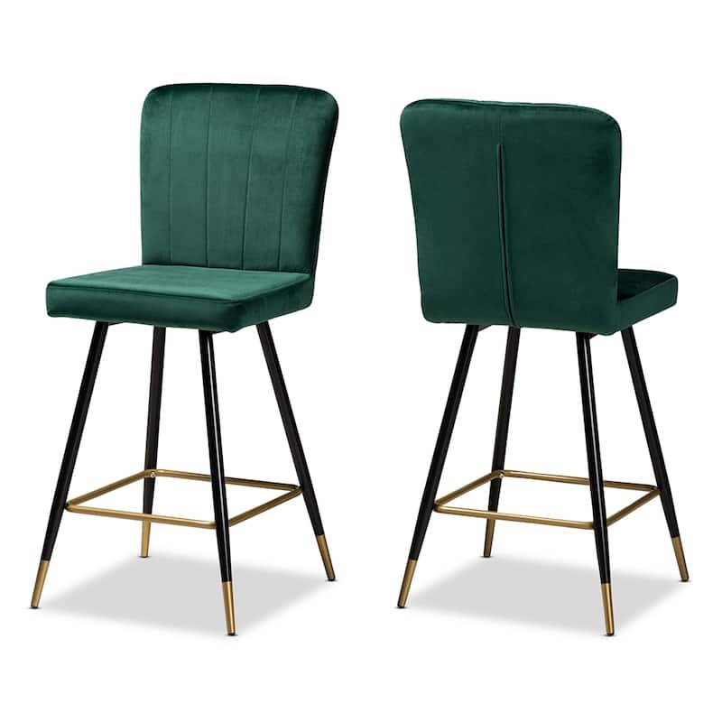 Preston Modern Luxe and Glam Velvet Fabric Upholstered Black and Gold Finished Metal 2-Piece Bar Stool Set - Green