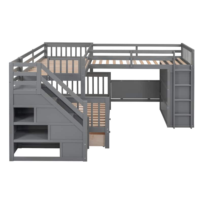 L-Shaped Twin-Twin Over Full Bunk Bed with Drawers, Desk, and Wardrobe in Gray