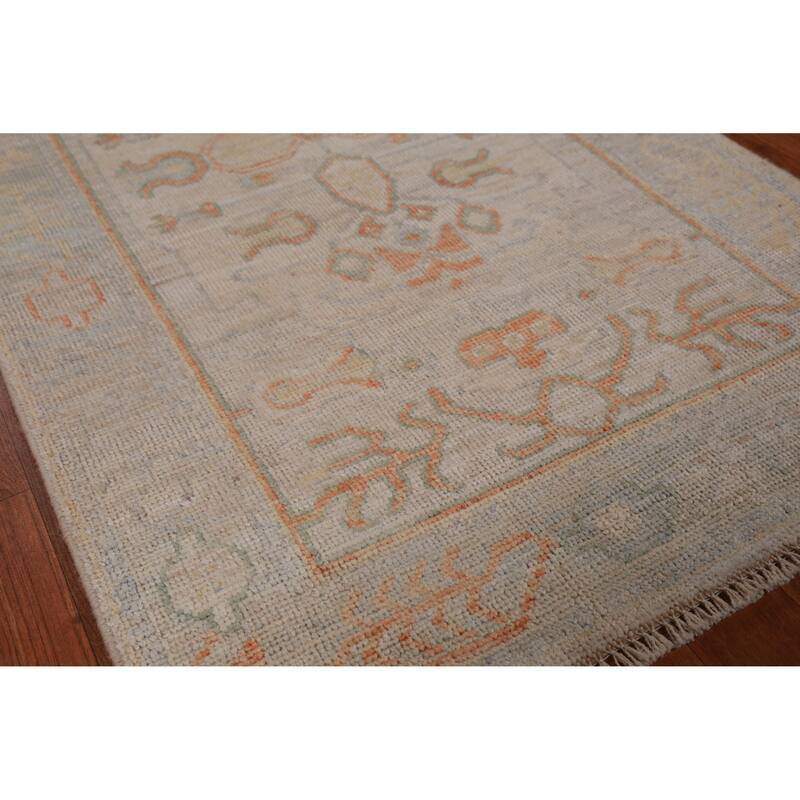 Hand Knotted Oriental 100% Wool Carpet Transitional Geometric Beige & Ivories Oushak Runner Rug - 8' 2'' X 2' 8''
