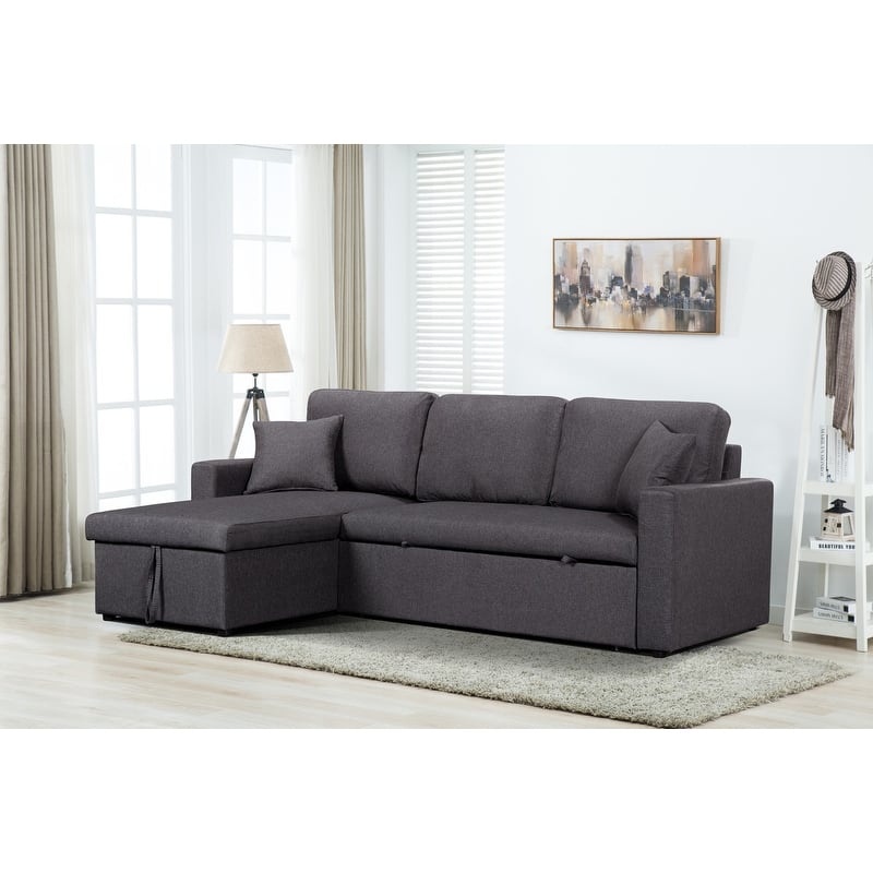 Paisley Linen Fabric Reversible Sleeper Sectional Sofa with Storage Chaise