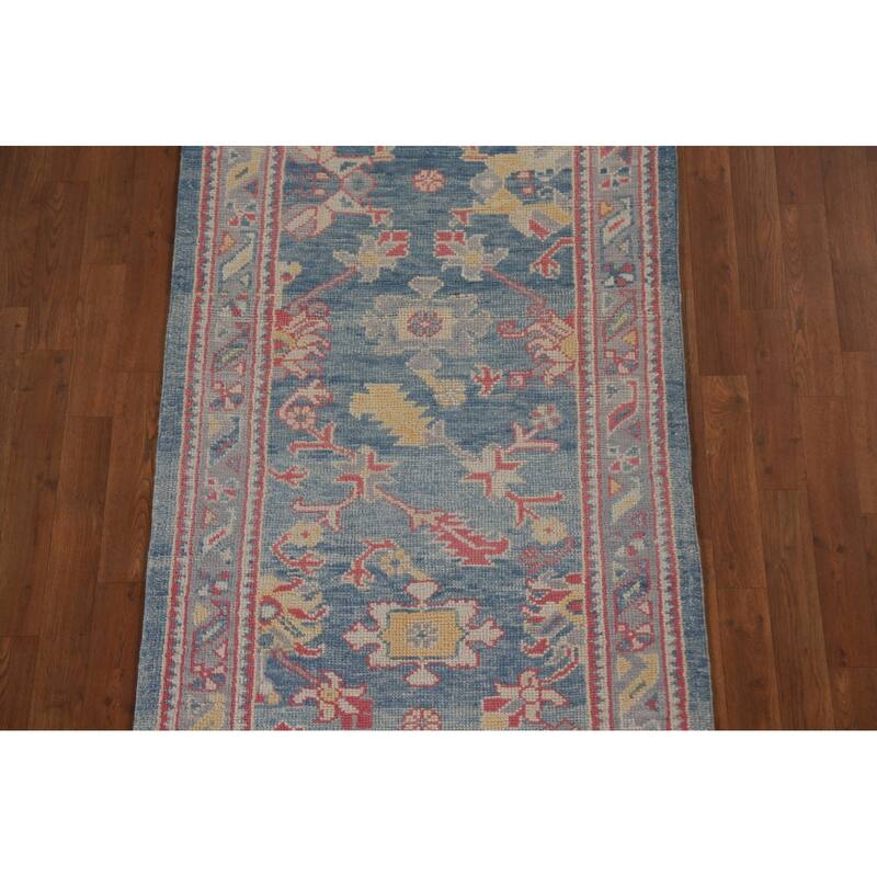 Vegetable Dye Oushak Turkish Runner Rug Handmade Floral Wool Carpet - 3'1"x 12'10"