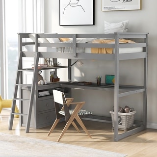 Twin Size Loft Bed with Desk and Storage Shelves and 2 Drawers