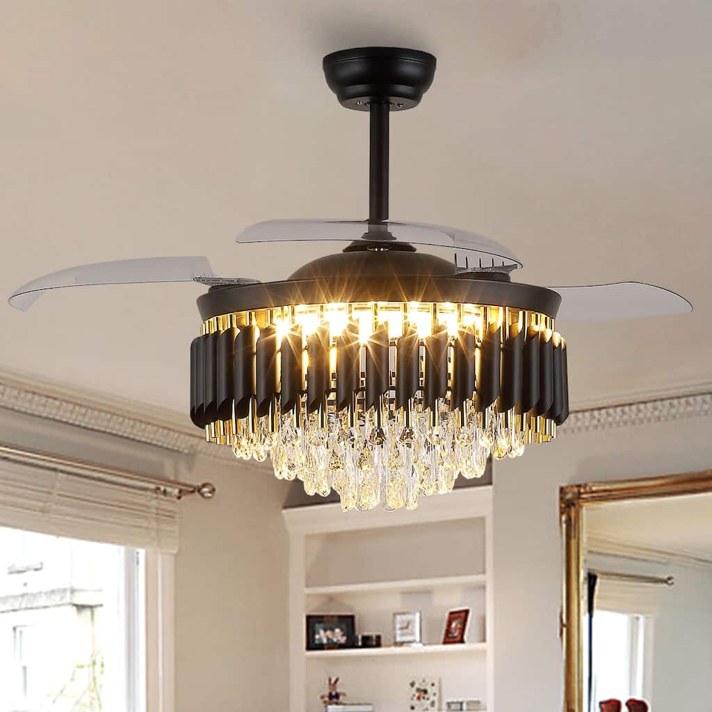 48" Crystal Chandelier Ceiling Fan with Light and Retractable Blades LED Dimmable DC Motor for Bedroom Living Room Kid's Room