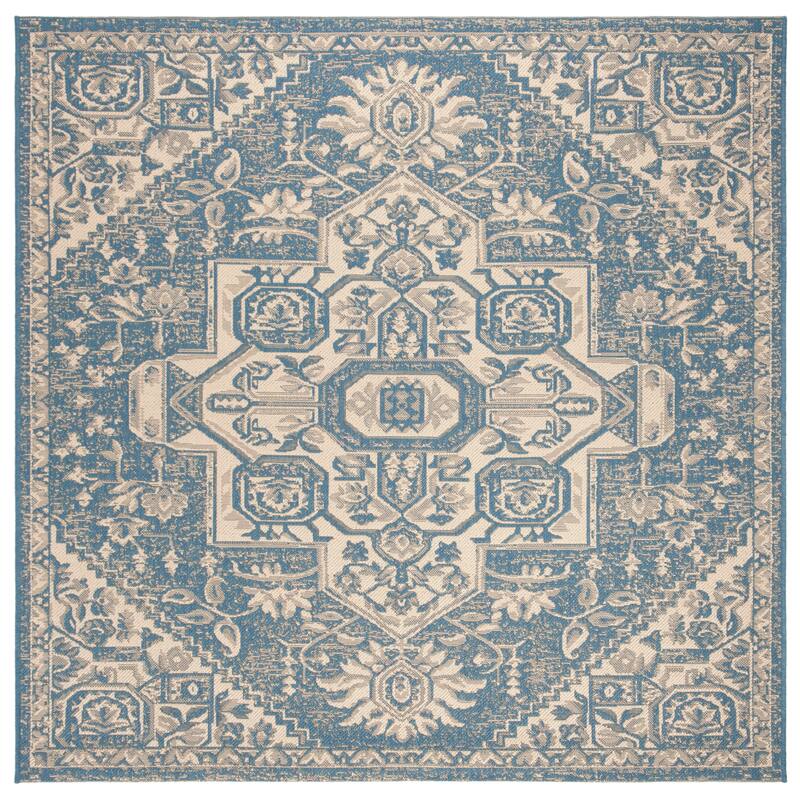 SAFAVIEH Linden Ludmyla Indoor/ Outdoor Waterproof Patio Backyard Rug - 6'7" Square - Cream/Blue