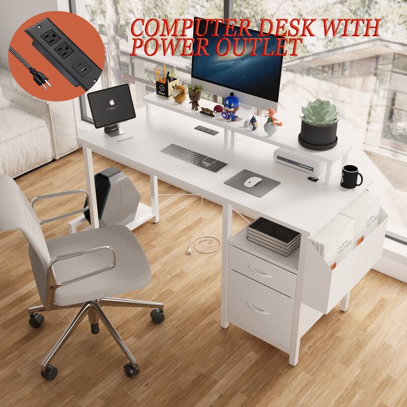 Anmytek Sturdy Office Desk with Power Outlet 2 Monitor Stands 2 Drawers Side Pocket Reversible Frame