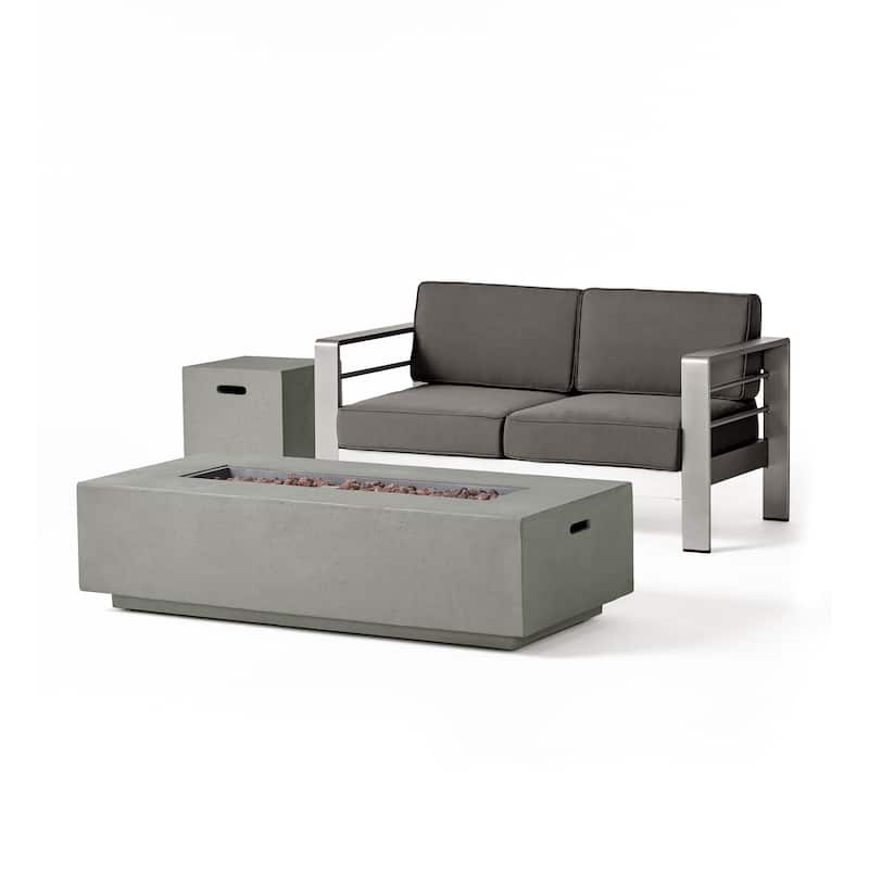 Cape Coral Outdoor Loveseat and Fire Pit Set by Christopher Knight Home - silver + khaki cushions + light grey