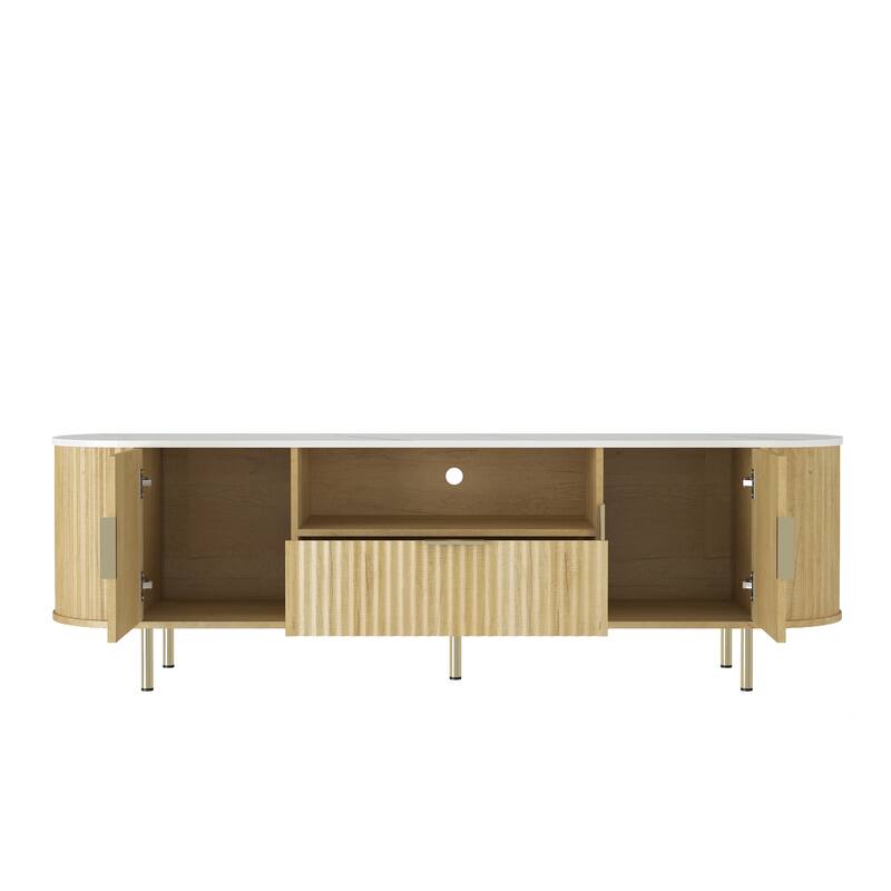 LED TV Stand for TVs Up to 65", Wood Storage Media Console w/ Open Shelves, Drawers, Modern Living Room TV Cabinet w/ Metal Legs