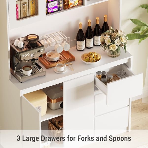Kitchen Pantry Cabinet with LED Lights and Charging Station