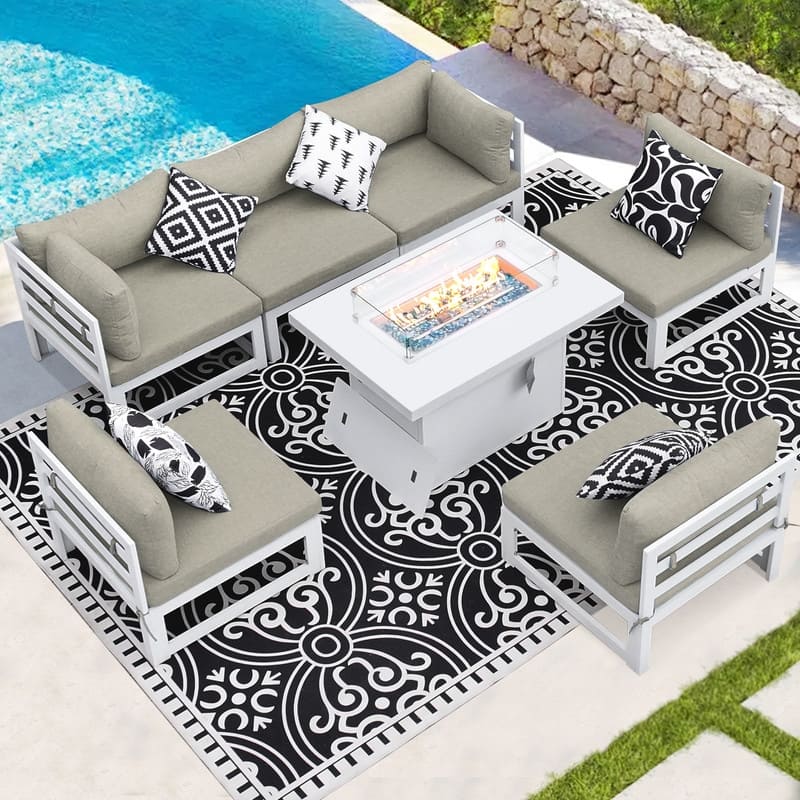 FINCATI 7 Piece Aluminum Outdoor Furniture Set with Propane/Natural Gas Fire Pit Table, 29" Wide Outdoor Sectional Sofa for 6