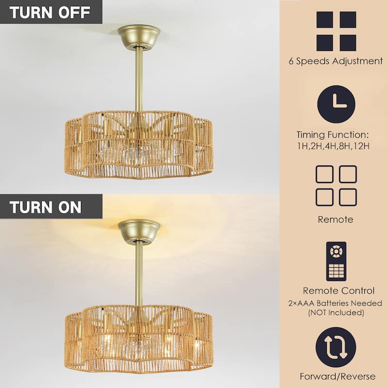 6-Light 19.6" Farmhouse Boho Gold and Brown 7-Blade Geometric Drum Ceiling Fan Lighting with Remote Included