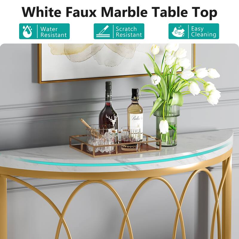 Half Moon Console Table for Entryway, 43 Inch Sofa Table with Faux Marble Top, White and Gold Accent Table