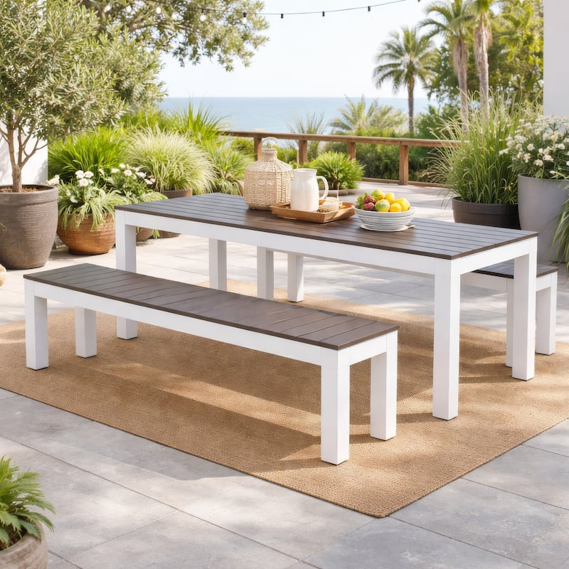 Eltan Outdoor Dining Bench Set of 2, Dark Brown and White Wood 62 Inch