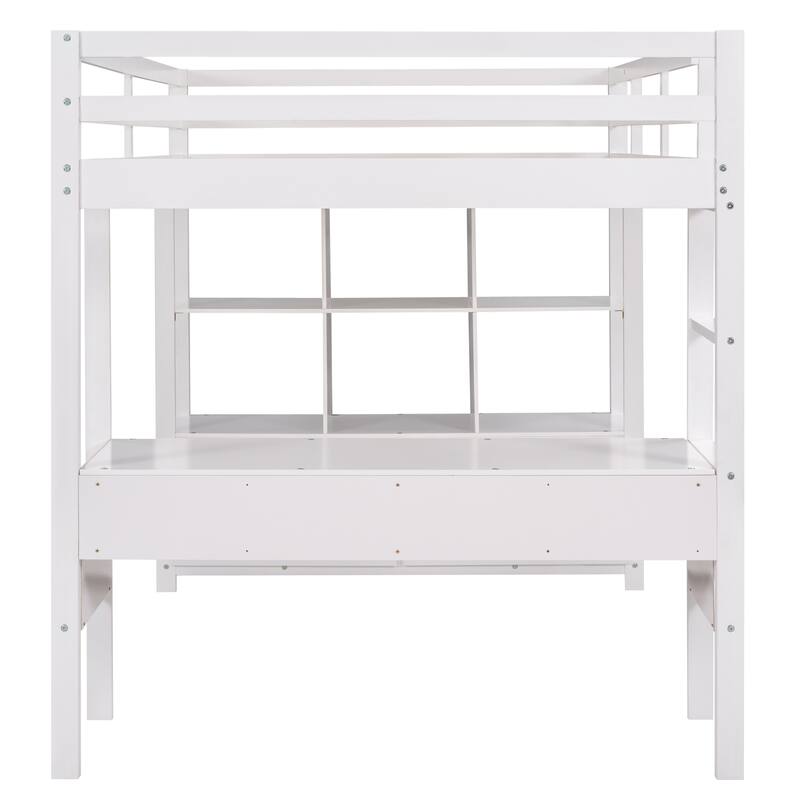 Full Size Loft Bed with Builtin Desk with Storage Shelves & Drawers