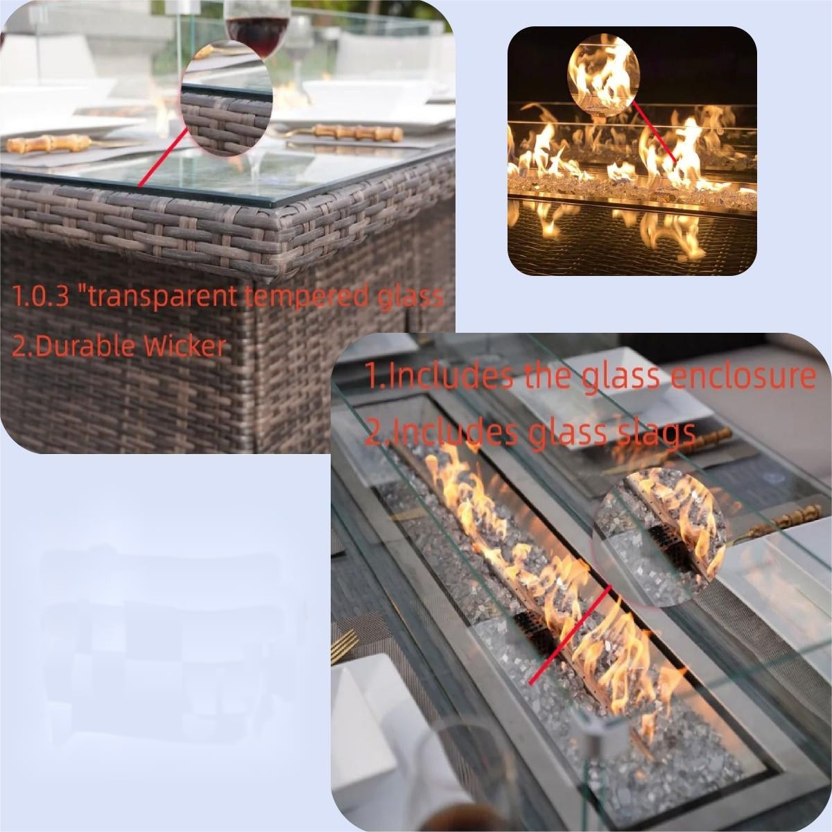 7-Pc Outdoor Wicker Rectangular Gas Fire Pit Table Set with 6