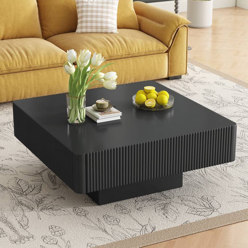 31.6" Elegant Square Fluted Coffee Table with 7.1" Thick Tabletop - Black