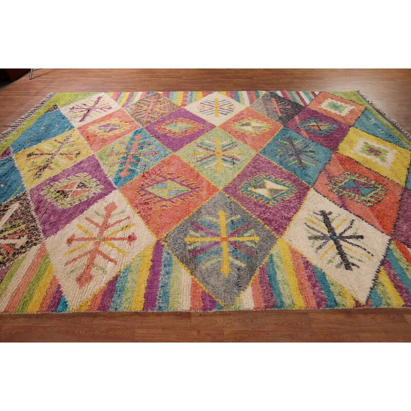 Colorful Trellis Plush Moroccan Style Rug Hand-Knotted Wool Carpet - 8'10" x 12'5"
