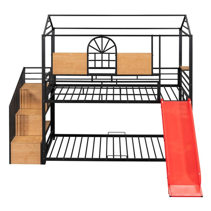 Metal Twin House Bunk Bed with Slide and Storage Stairs, Sturdy Frame, Safety Guardrails