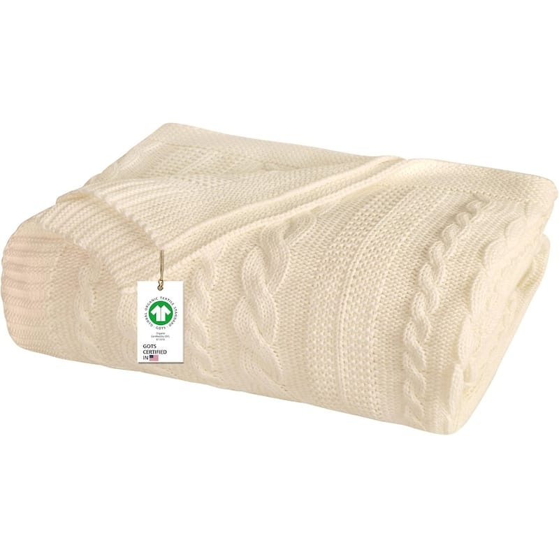 Delara Organic Cotton Throw Blanket 50x70 inches, GOTS Certified Cable Knitted Throws Blanket for Sofa Couch Bed, Baby Nursery - Natural