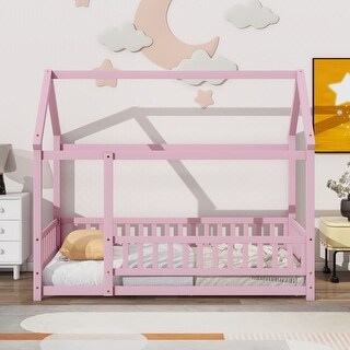 Twin Size Floor Wooden Bed with House Roof Frame, Fence Guardrails, Perfect for Imaginative Play and Safe Sleep, Pink