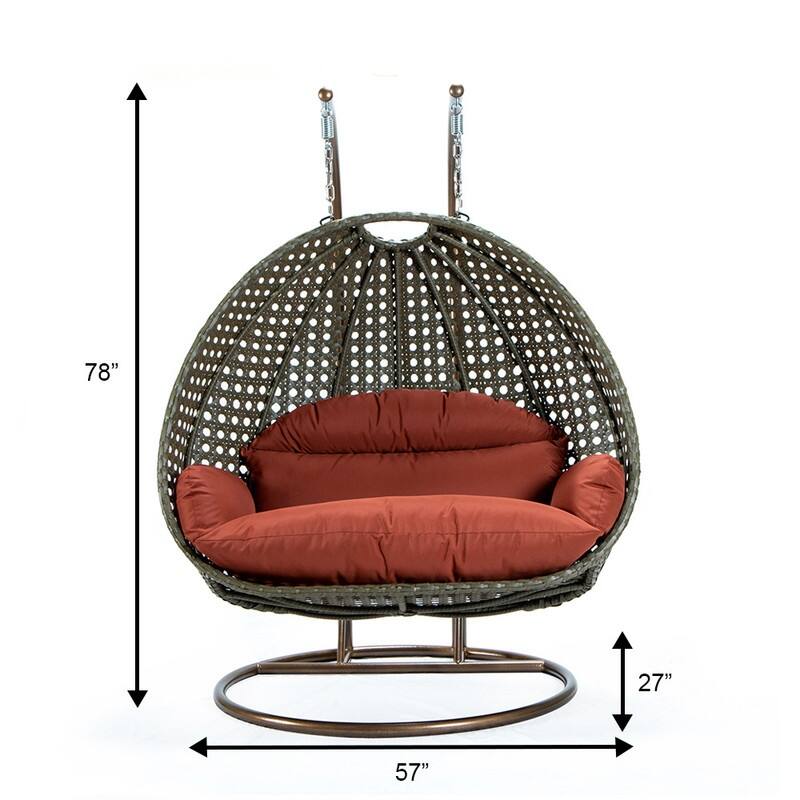LeisureMod 2-Person Hanging Egg Swing Chair with Metal Stand - Handcrafted Beige Wicker, Patio Hammock Lounger with Cushions