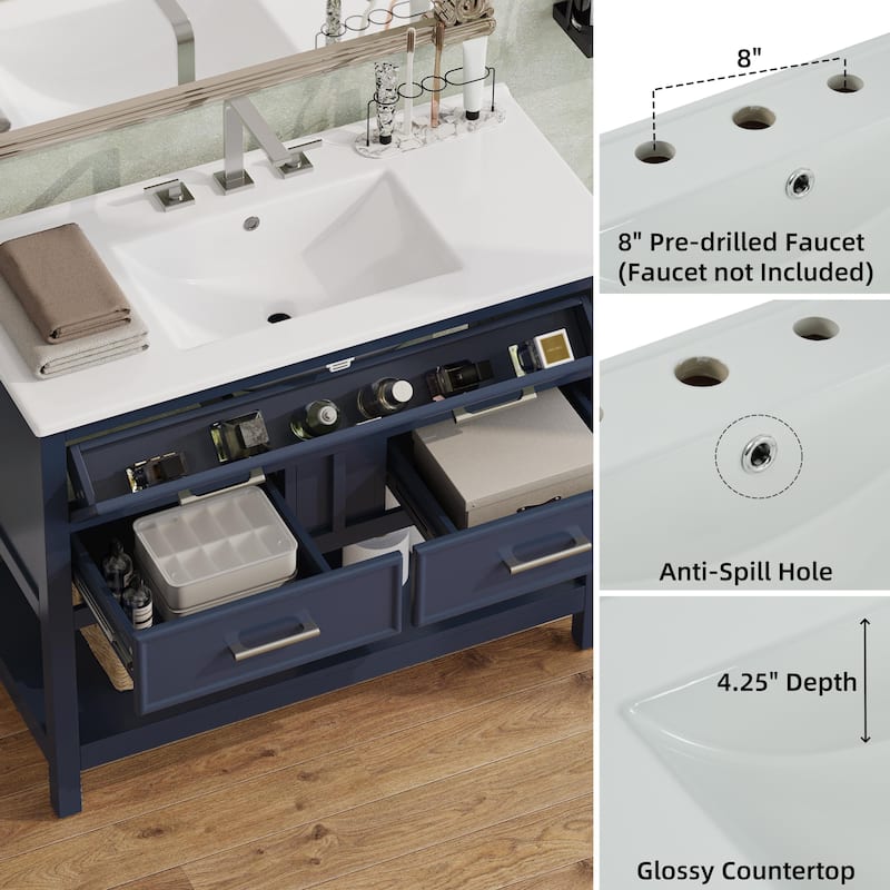 36" Vanity with Ceramic Sink,Vanity with Tip-Out Tray and 2 Full-Extension Drawers,Pulls and Close Drawer Slides Design