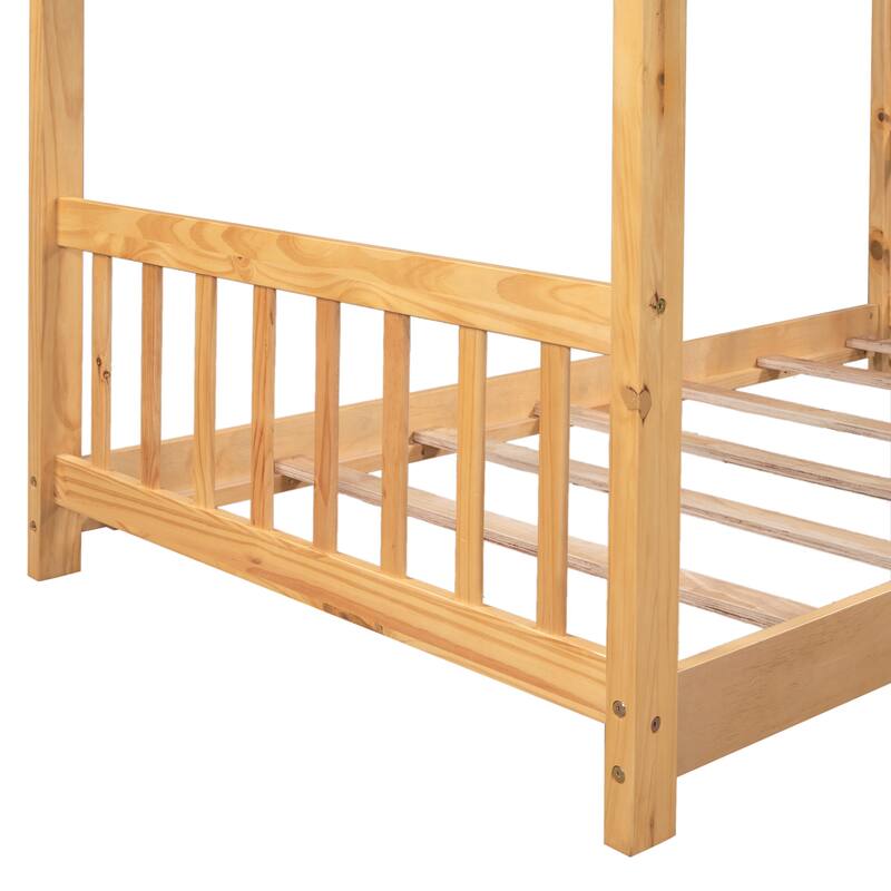 Twin Size House Platform Bed with Headboard and Footboard, Roof Design, Natural Wood