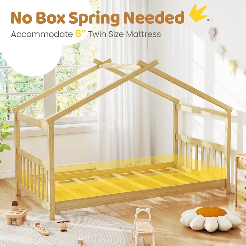 Costway Twin Size House Bed with Roof Wooden Low Floor Bed No Box