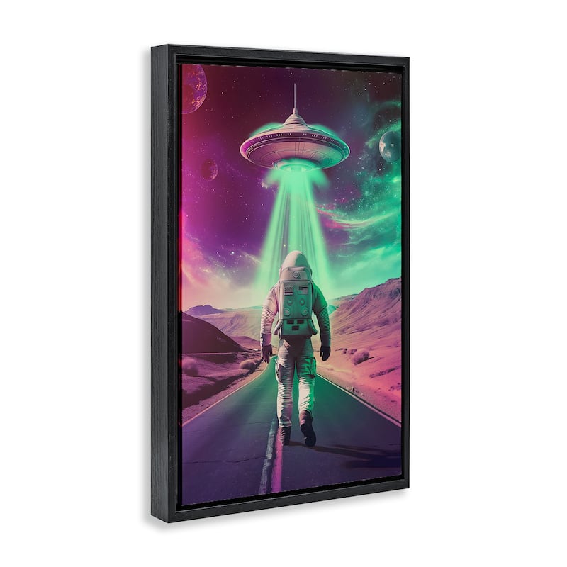 Stupell Astronaut Walking Toward UFO Framed Floater Canvas Wall Art Design By Wumples