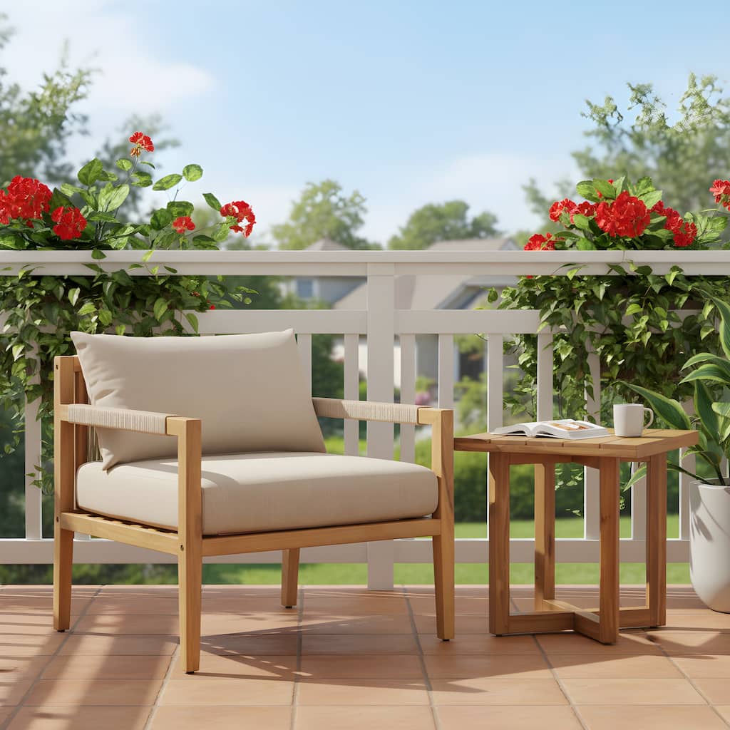 Christopher Knight Home - Modern Outdoor Acacia Wood Rope Club Chair and Square Side Table Set with Water-Resistant Cushions