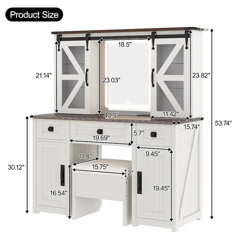 Rustic Vanity Table Set with LED Mirror, Barn Door Design, Cushioned Stool, Charging Ports, 3 Drawers & 4 Cabinets