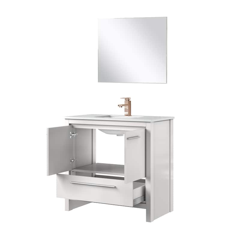 Lafarre Bath Vanity with Quartz Top, Sink, Mirror and Rose Gold Faucet