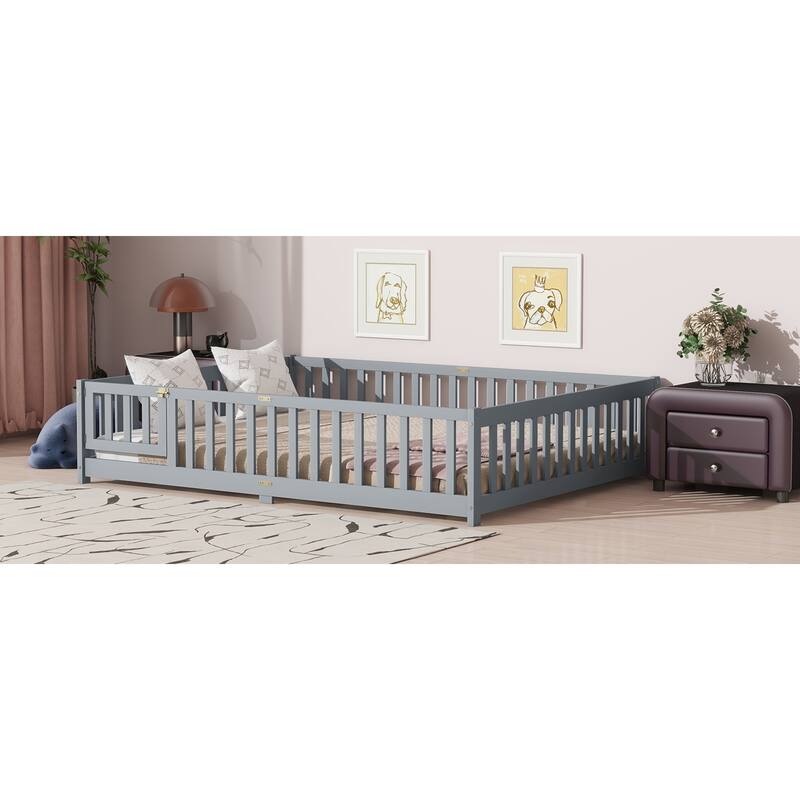 Roomfitters Twin/Full/Queen Rubber Wood Floor Bed with Fence and Swing Door, Safety Guardrails, Low Profile Design