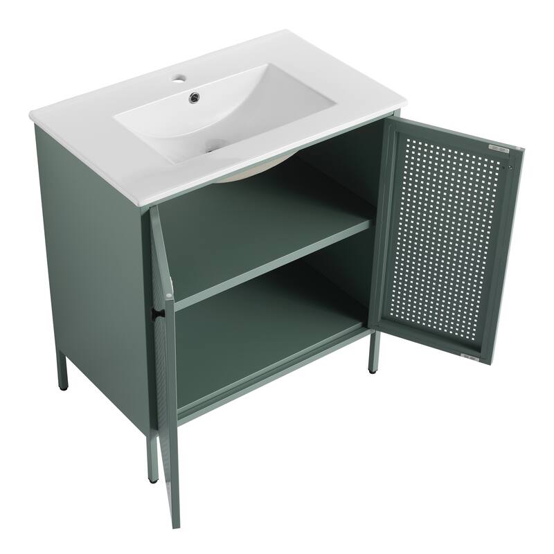 Freestanding Bathroom Vanity with Ceramic Sink, Adjustable Shelves, Cold Rolled Steel Cabinet, Double Door Design, Modern Style
