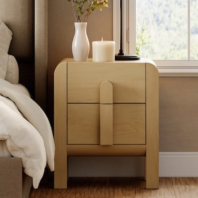 WAMPAT Modern Wood Nightstand With 2 Drawers ,Curved Mid-Century End Table With Built-In Charging Station For Bedroom