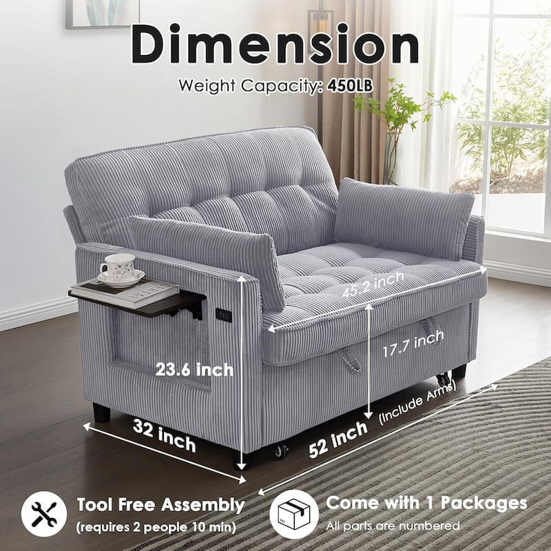 Sleeper Sofa Bed, 52" Convertible Pull Out Couch with Small Table,USB Port,Side Pockets,Corduroy Fabric,Adjustable Backrest