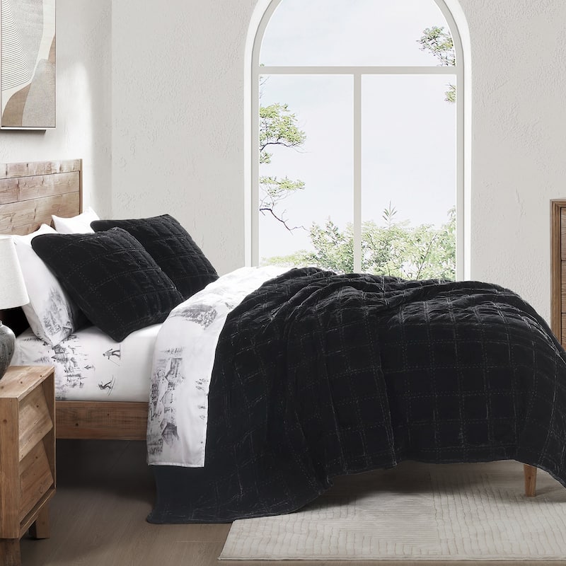 HiEnd Accents Stella Faux Silk Velvet Double Box Stitch Modern Rustic 3 Piece Quilt Set - Black - King