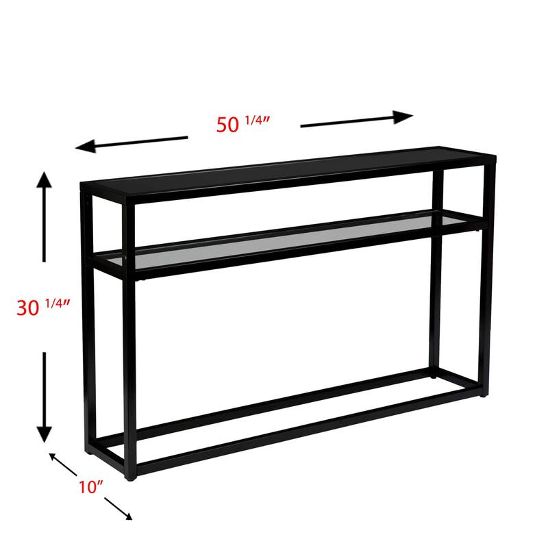 Black Glass Rectangular Console Table with Shelf and Metal Frame - 50.25" L x 10" W x 30.25" H